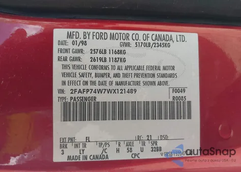 1998 Ford Crown Victoria Lx from USA, damaged, VIN 2FAFP74W7WX121489